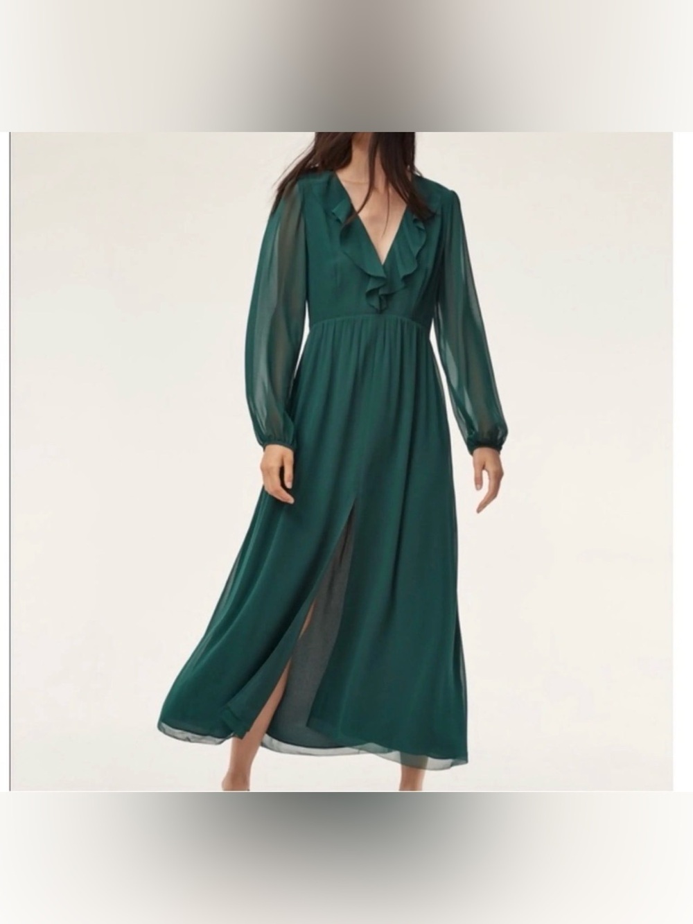 Aritzia Wilfred Millie Dress Forest Green Chiffon Ruffle Maxi Slit Dress size 4